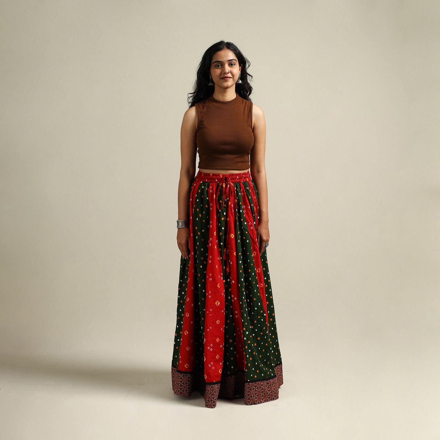 Multicolor - Bandhani Tie-Dye 24 Kali Patchwork Cotton Long Skirt 23