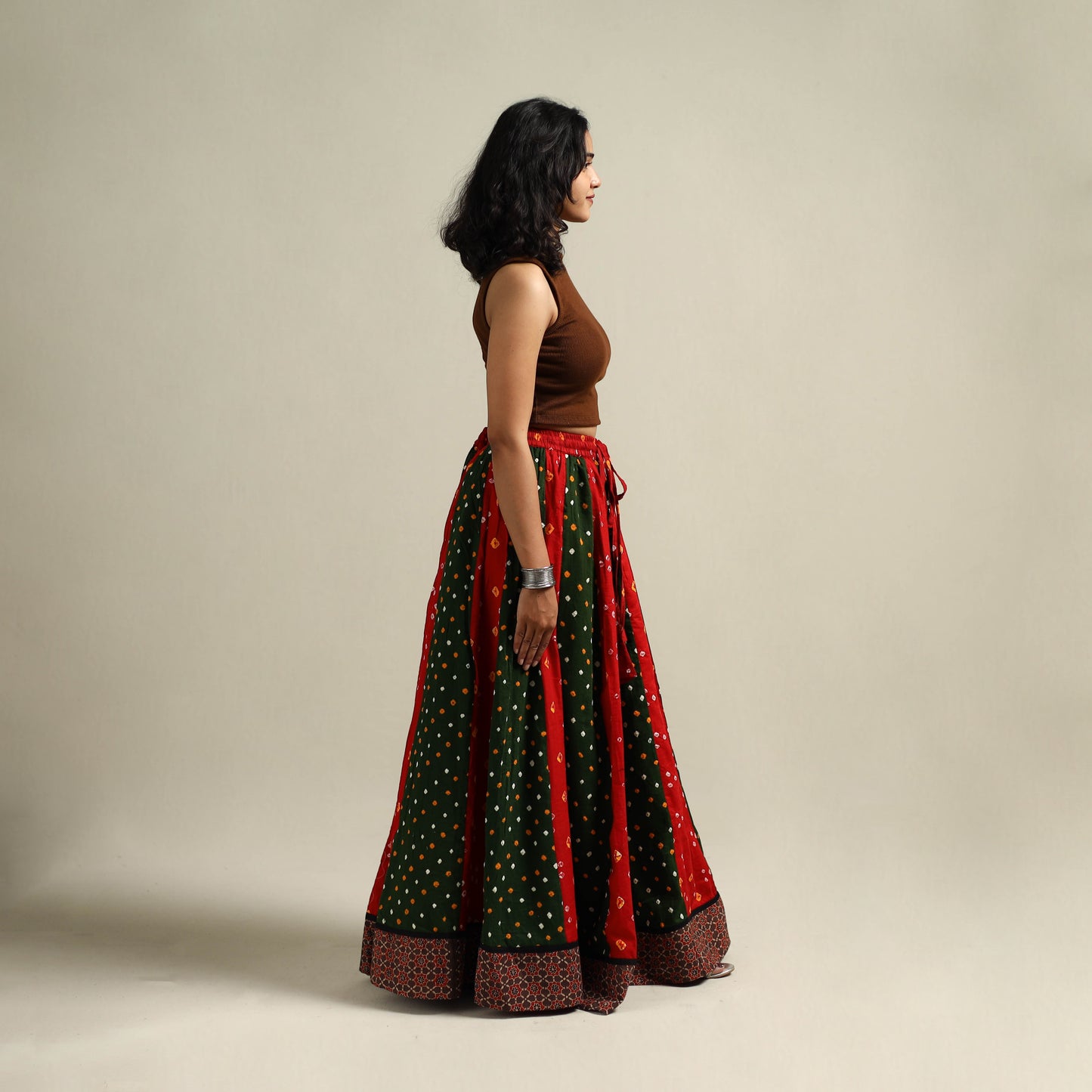 Multicolor - Bandhani Tie-Dye 24 Kali Patchwork Cotton Long Skirt 23