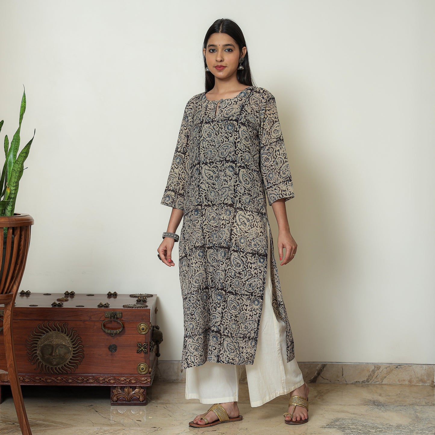 Kalamkari Block Print Mul Cotton Straight Kurta For Women