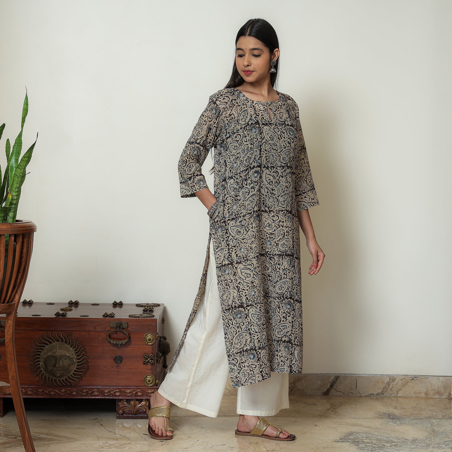 Kalamkari Block Print Mul Cotton Straight Kurta For Women
