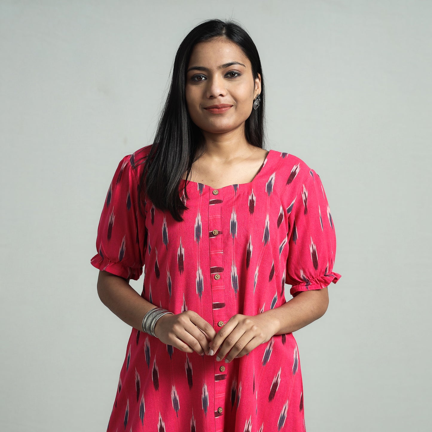 Pink - Pochampally Ikat Cotton Flared Dress