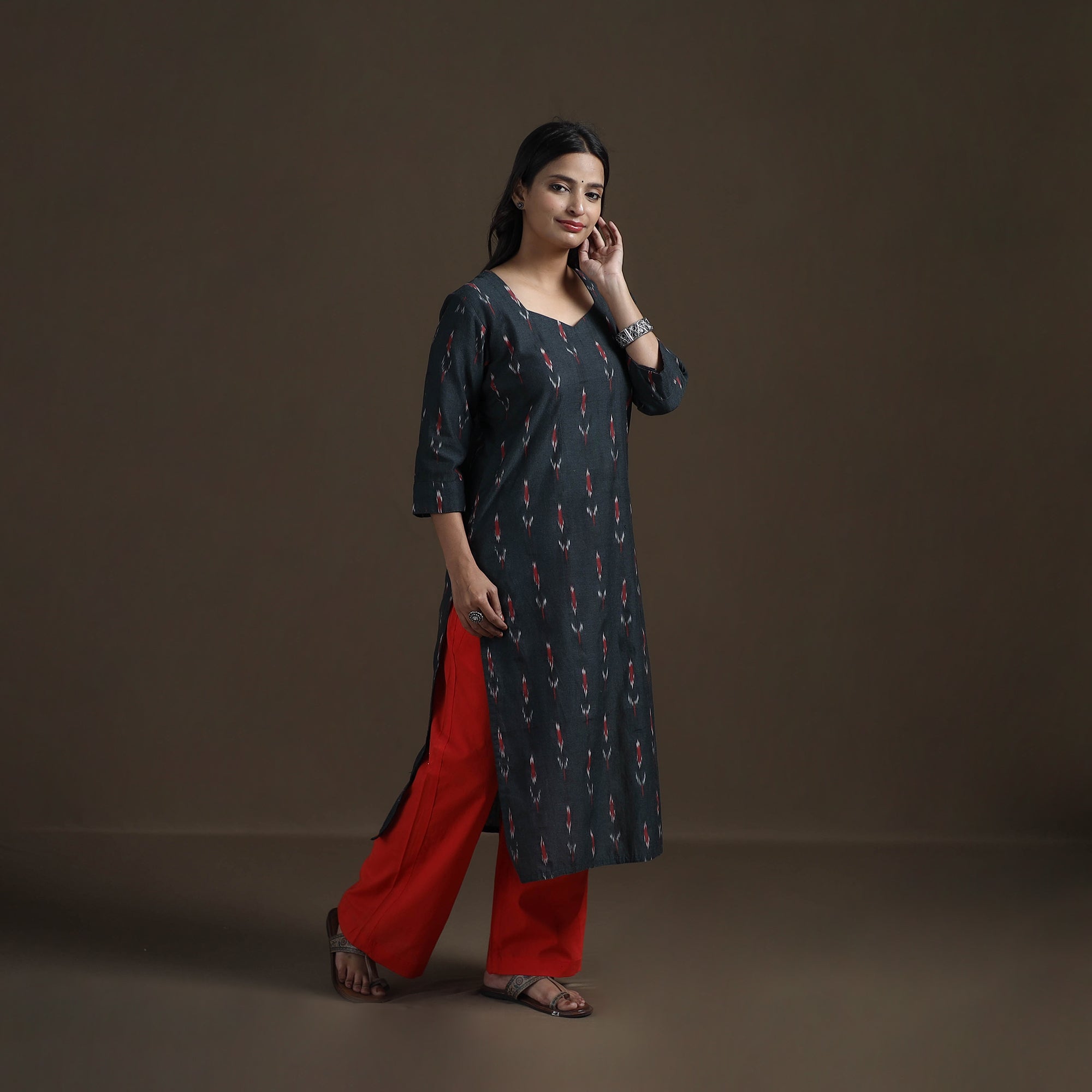 Black - Pochampally Ikat Cotton Straight Long Kurta for Women 18