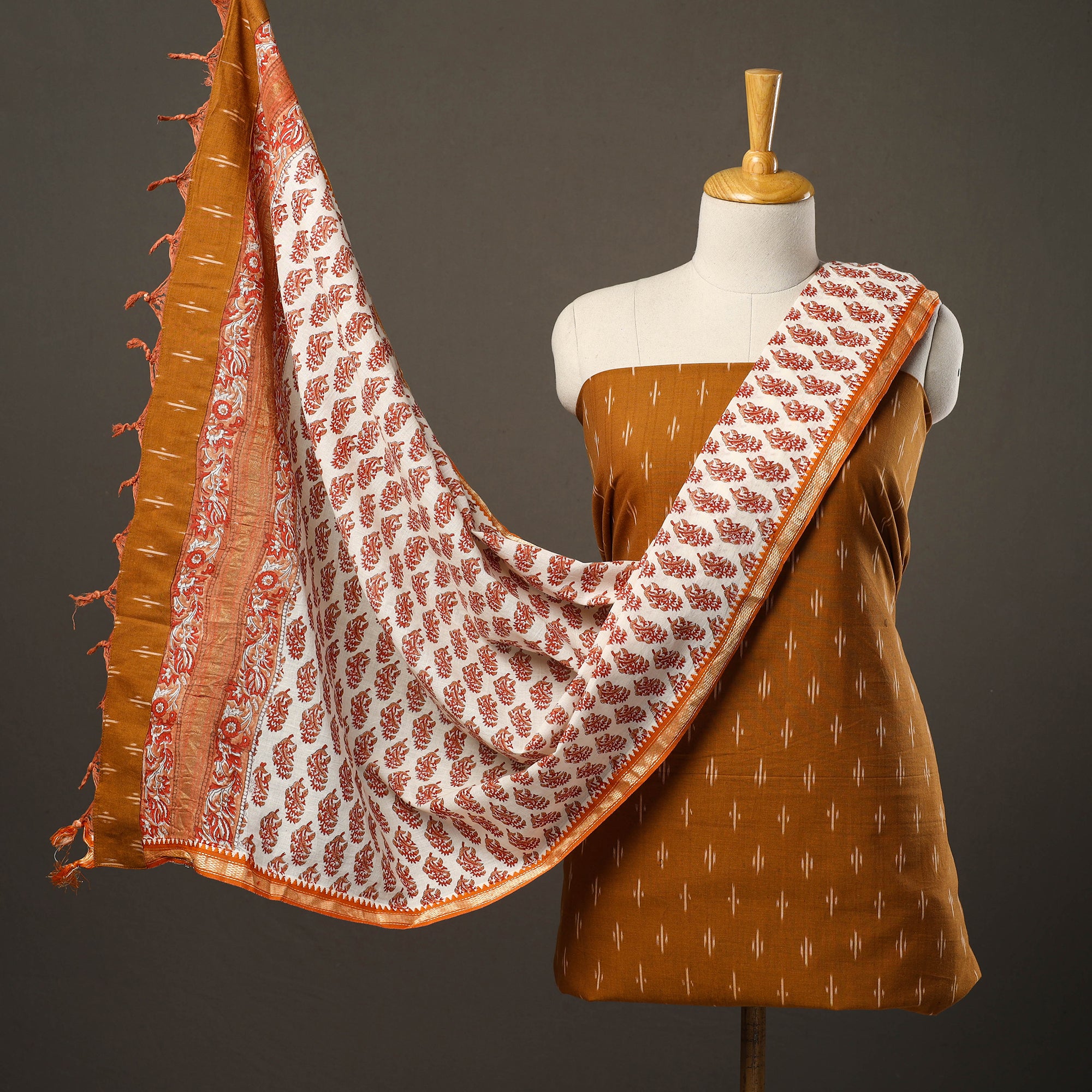 Brown - Pochampally Ikat Weave Cotton A-Line Kurta