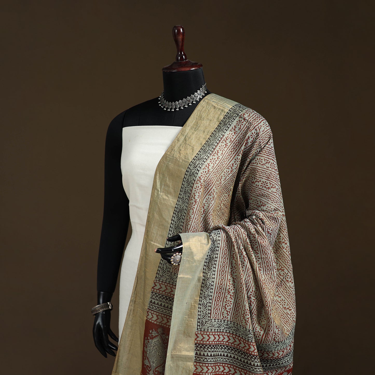 Bagh Hand Block Print Natural Dyed Tissue Zari Chanderi Silk Dupatta 36