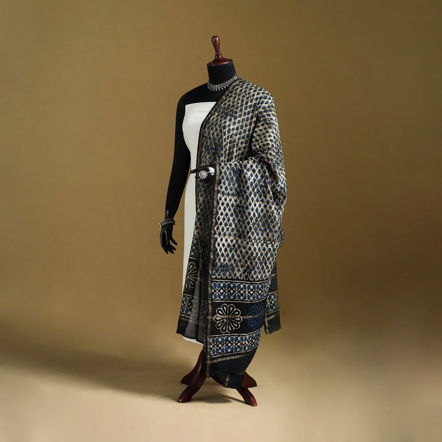 Black - Pipad Hand Block Print Natural Dyed Chanderi Silk Handloom Dupatta 31