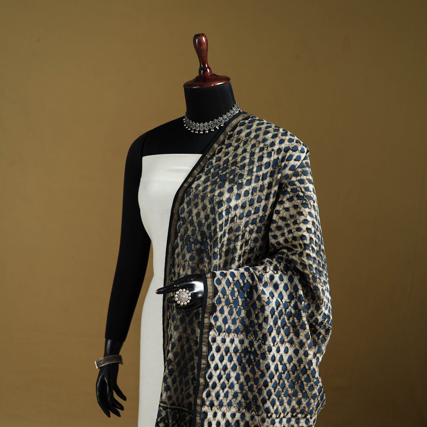 Black - Pipad Hand Block Print Natural Dyed Chanderi Silk Handloom Dupatta 31