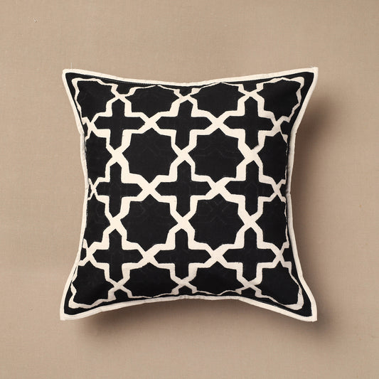 Black - Bakhiya Tanka Applique Work Cotton Cushion Cover (16 x 16 in)