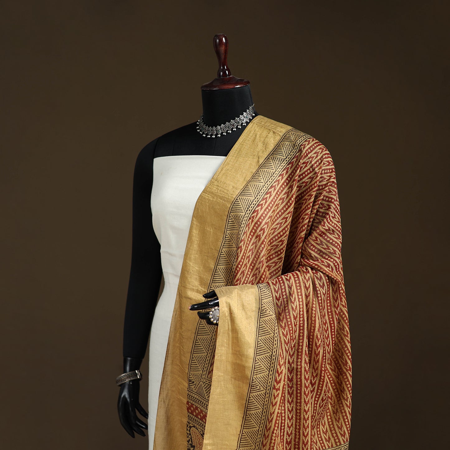 Bagh Hand Block Print Natural Dyed Tissue Zari Chanderi Silk Dupatta 38