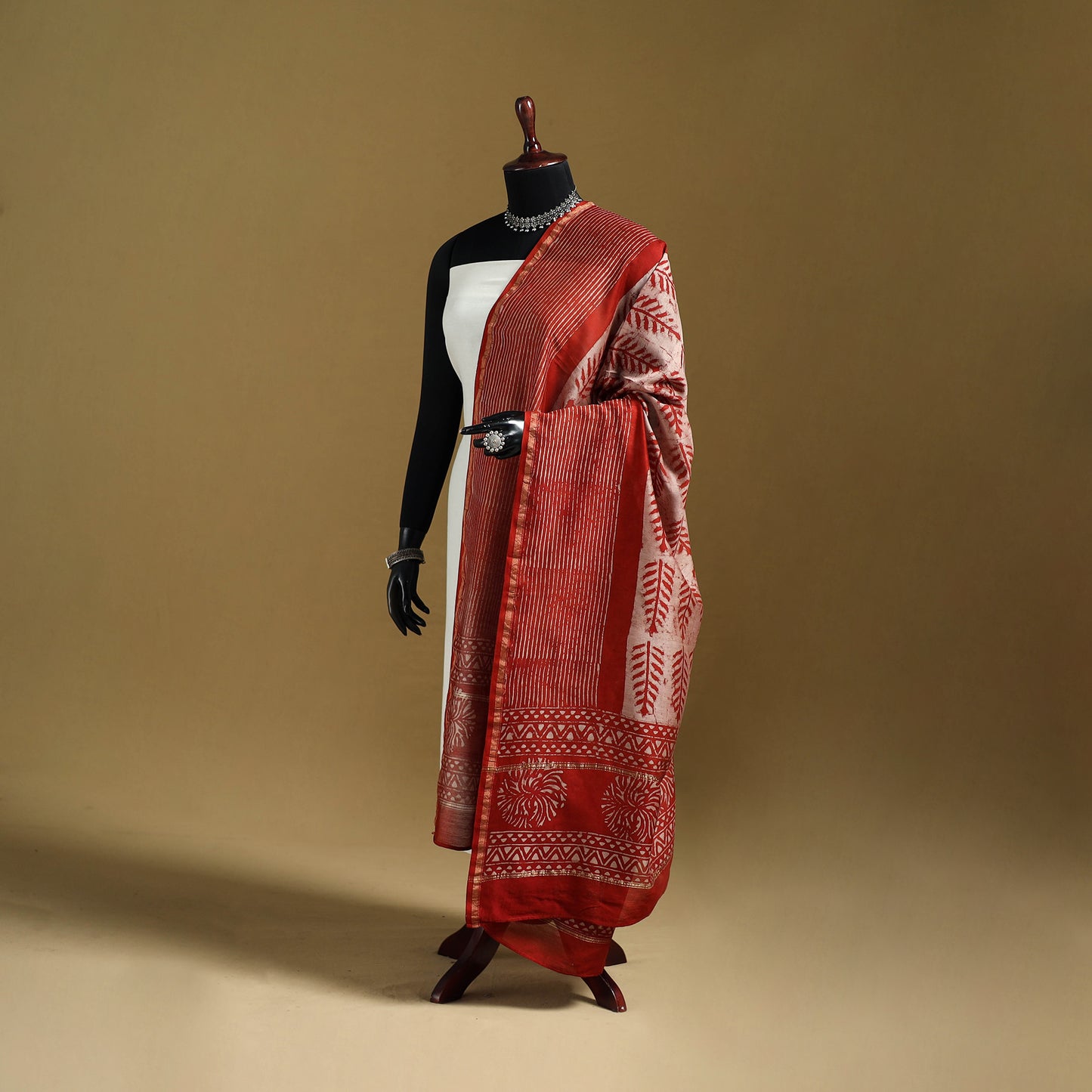 Red - Pipad Hand Block Print Natural Dyed Chanderi Silk Handloom Dupatta 34