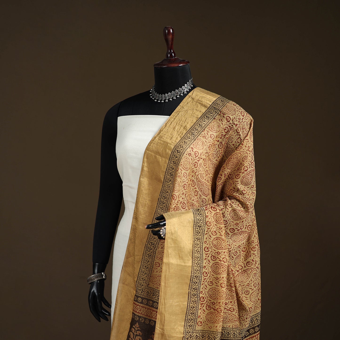 Bagh Hand Block Print Natural Dyed Tissue Zari Chanderi Silk Dupatta 39