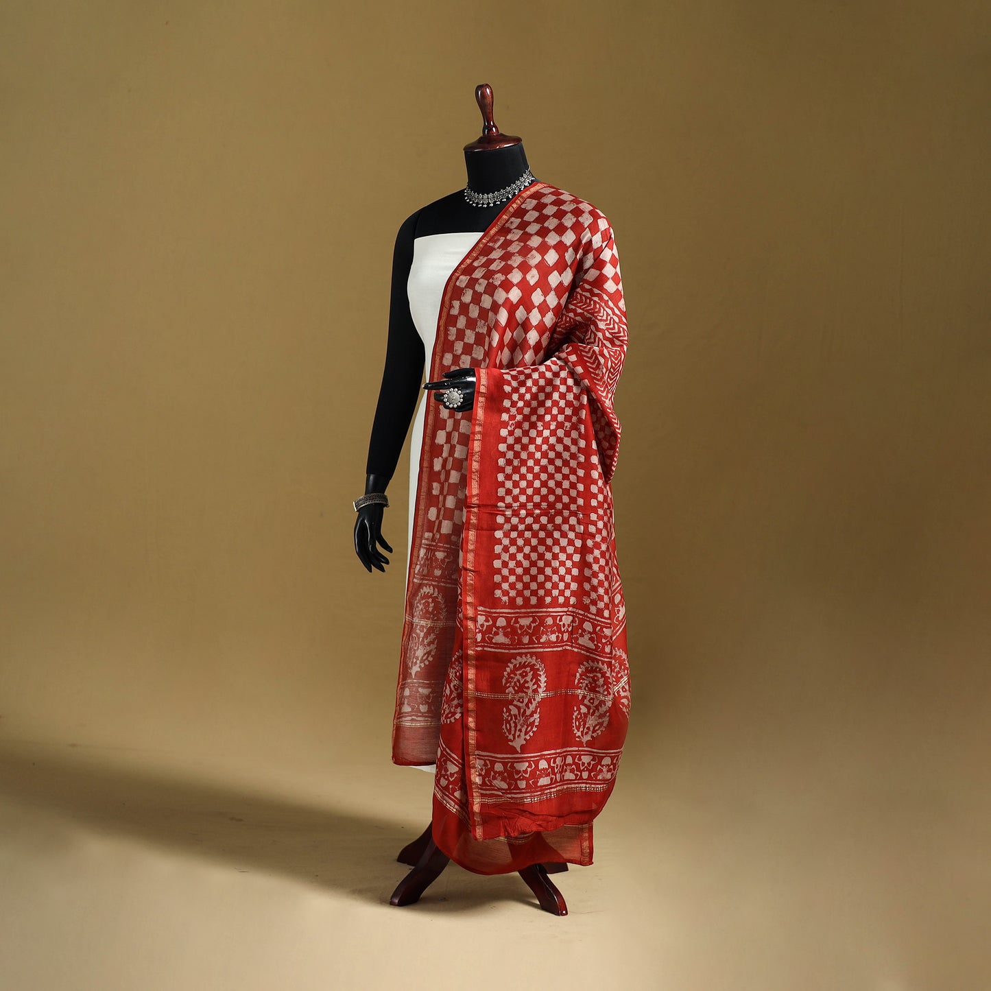 Red - Pipad Hand Block Print Natural Dyed Chanderi Silk Handloom Dupatta 35