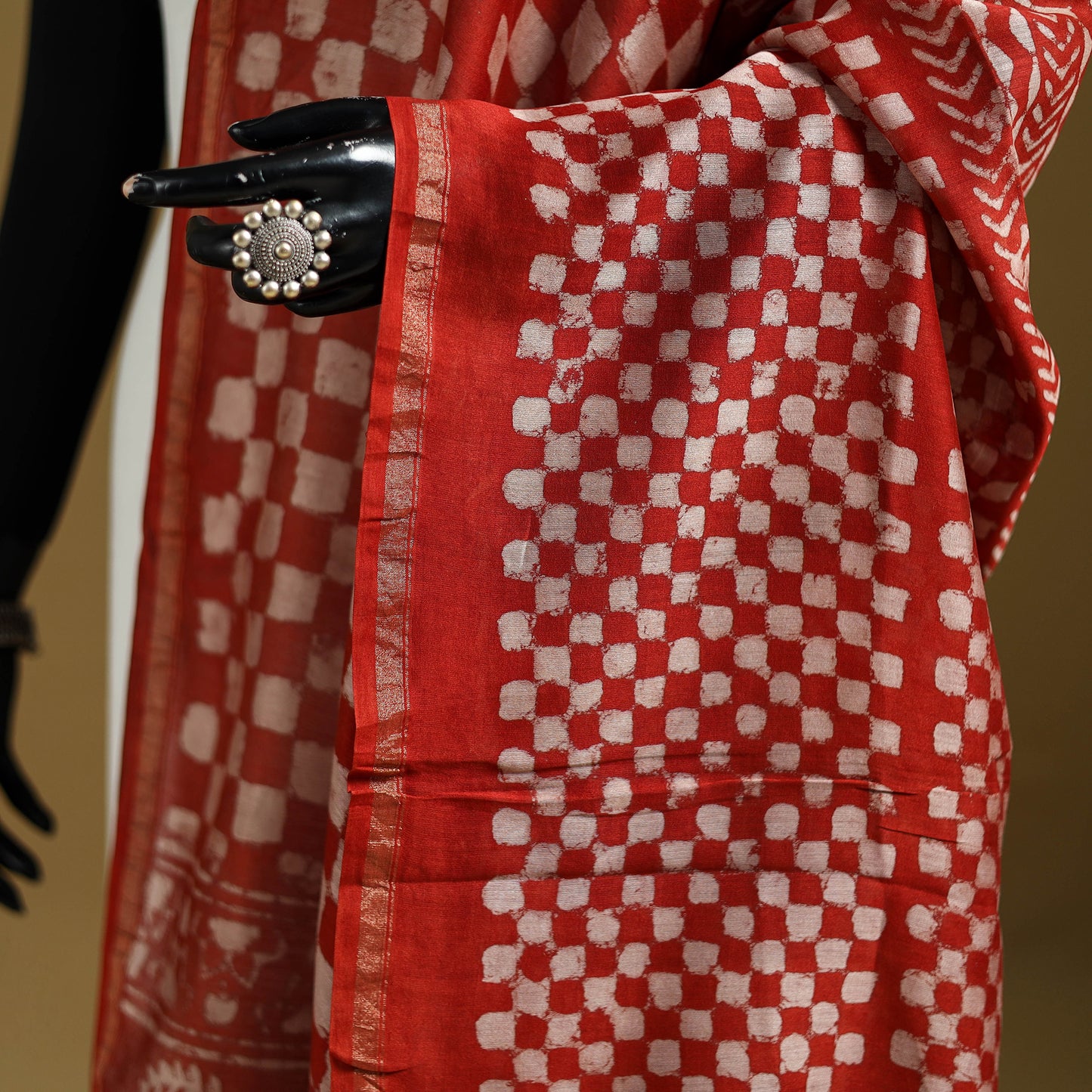 Red - Pipad Hand Block Print Natural Dyed Chanderi Silk Handloom Dupatta 35