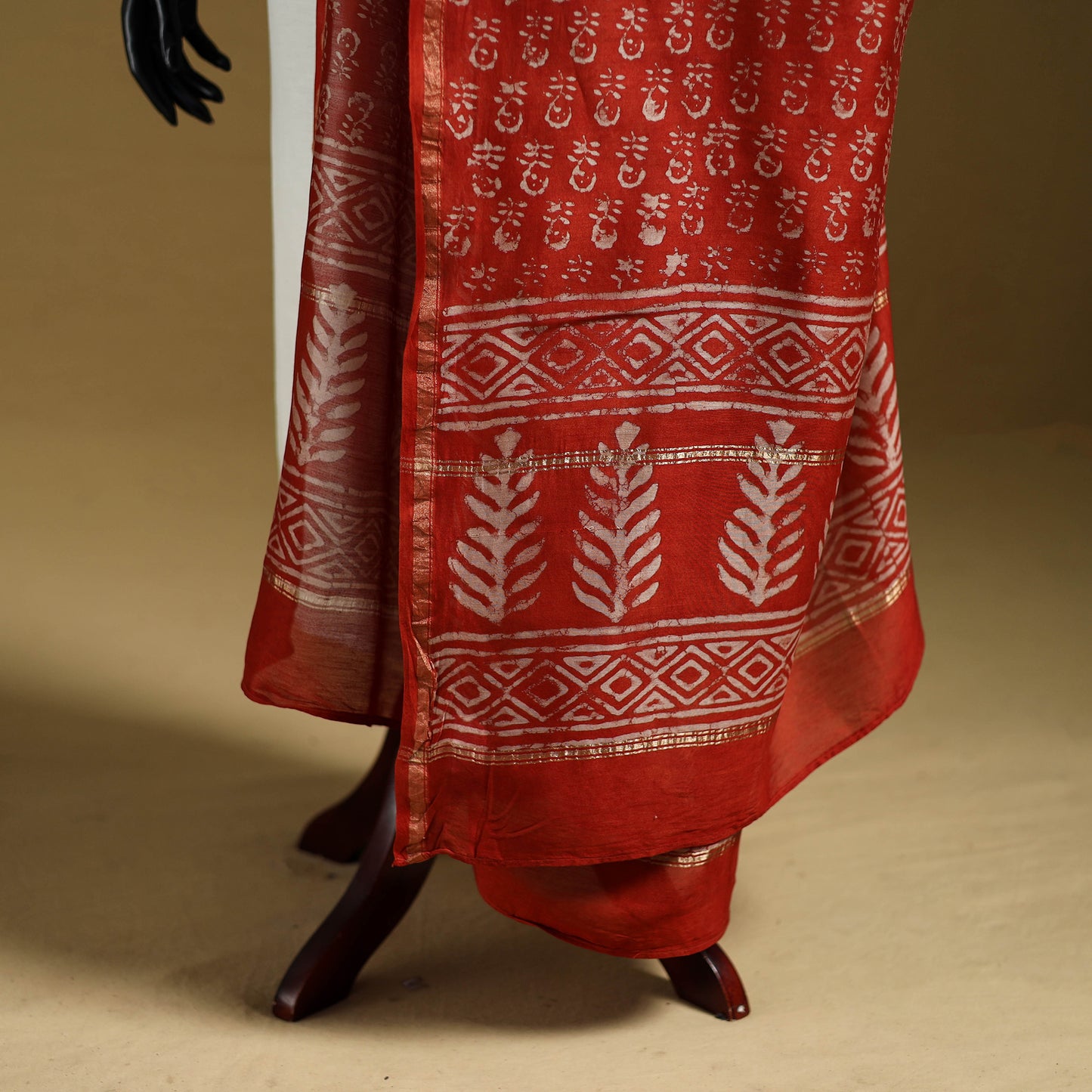 Red - Pipad Hand Block Print Natural Dyed Chanderi Silk Handloom Dupatta 36