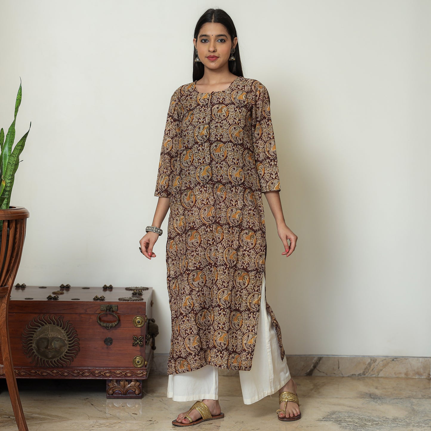 Kalamkari Block Print Mul Cotton Straight Kurta For Women