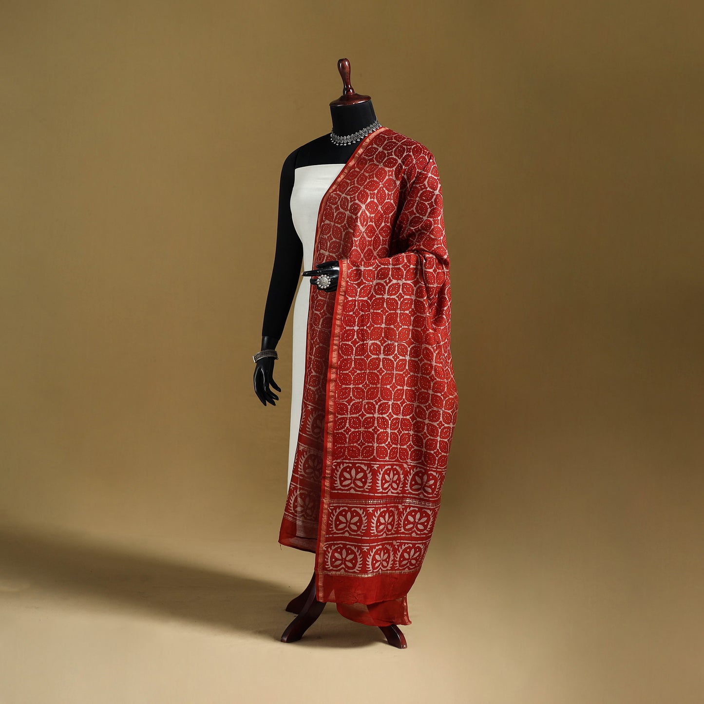 Red - Pipad Hand Block Print Natural Dyed Chanderi Silk Handloom Dupatta 37