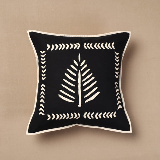 Black - Bakhiya Tanka Applique Work Cotton Cushion Cover (16 x 16 in)