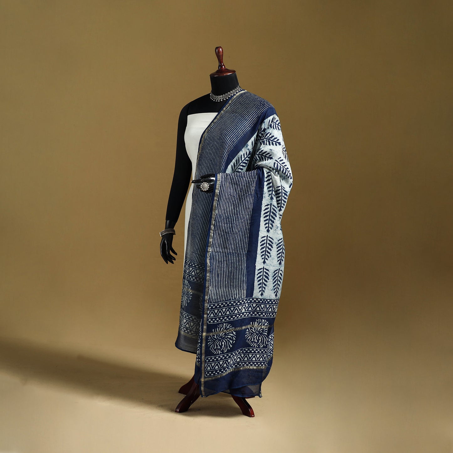 Blue - Pipad Hand Block Print Natural Dyed Chanderi Silk Handloom Dupatta 39