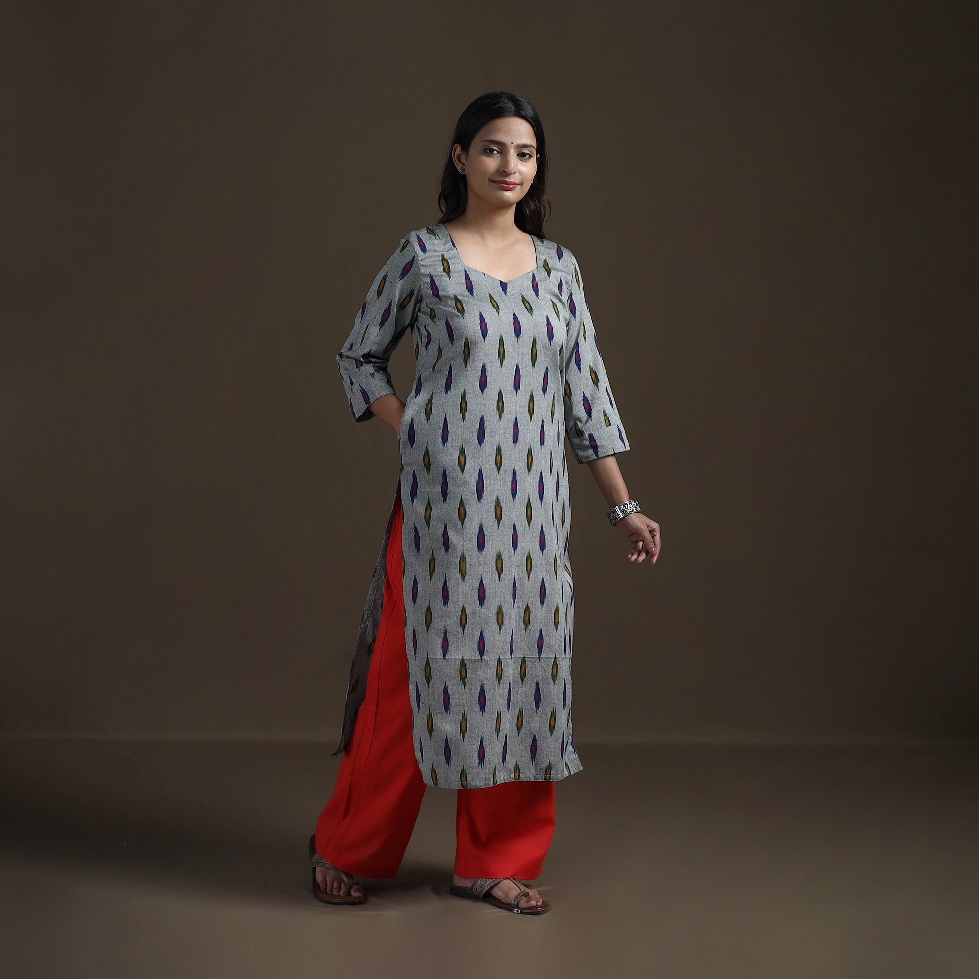 Grey - Pochampally Ikat Cotton Straight Long Kurta for Women 19