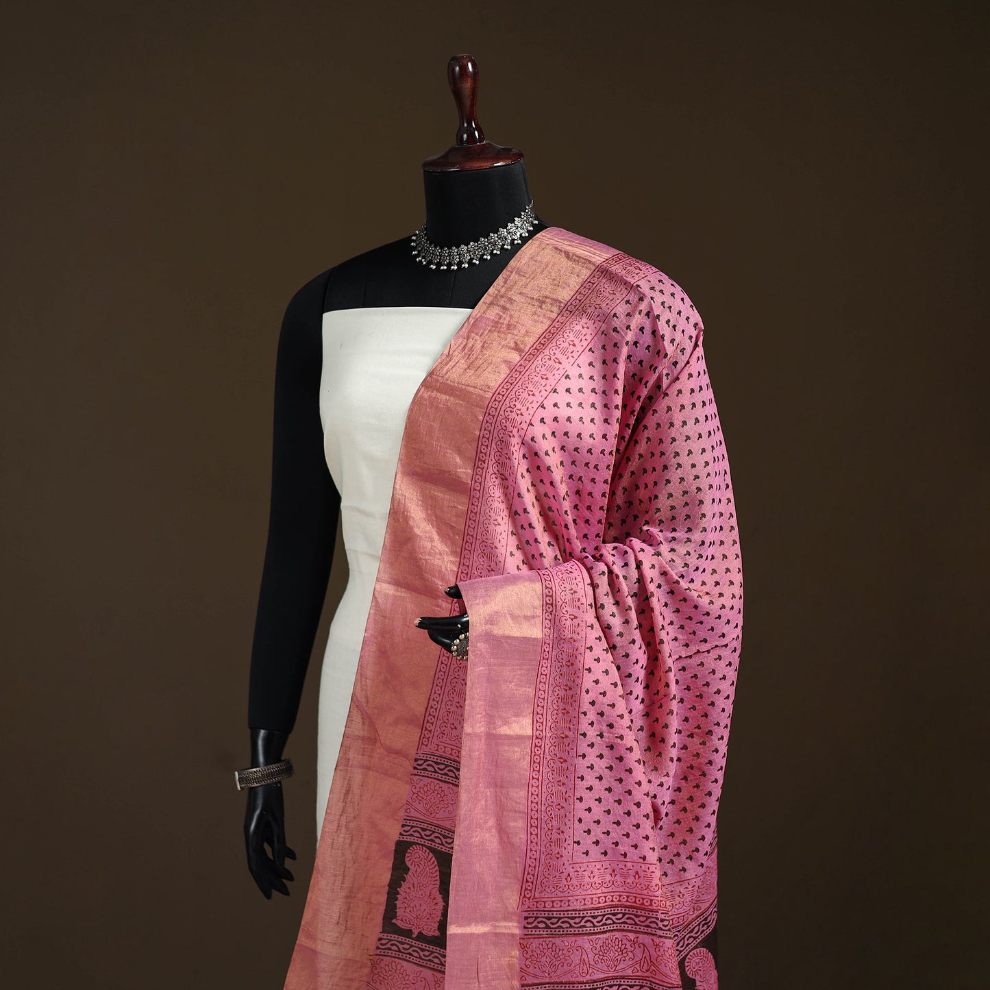 Bagh Hand Block Print Natural Dyed Tissue Zari Chanderi Silk Dupatta 44