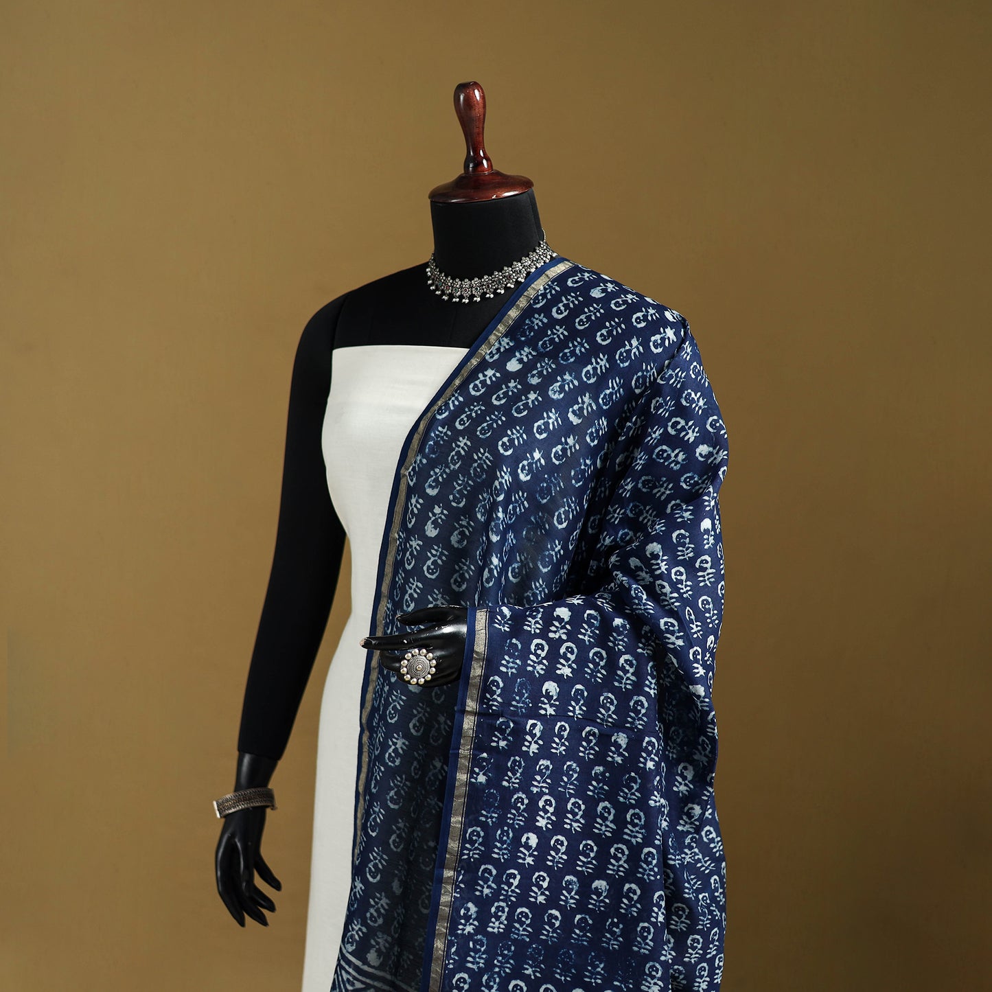 Blue - Pipad Hand Block Print Natural Dyed Chanderi Silk Handloom Dupatta 41