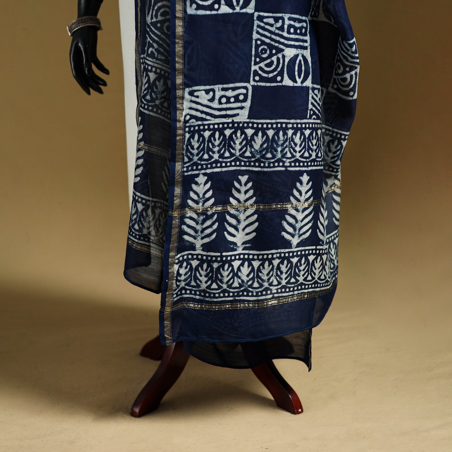 Blue - Pipad Hand Block Print Natural Dyed Chanderi Silk Handloom Dupatta 42