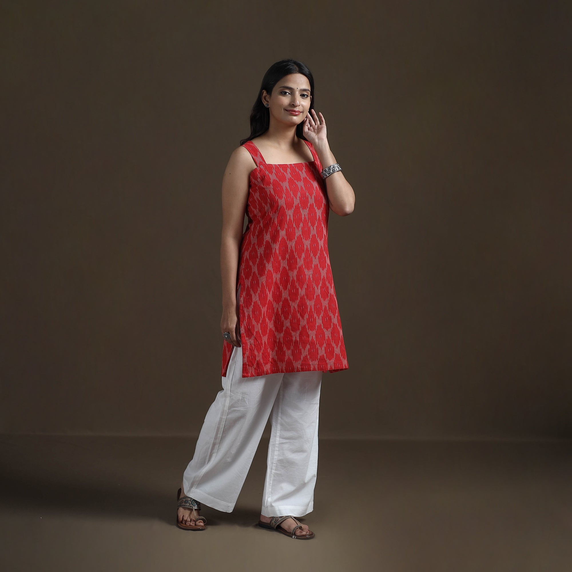 Red - Pochampally Ikat Cotton Sleeveless Short Kurta for Women 29