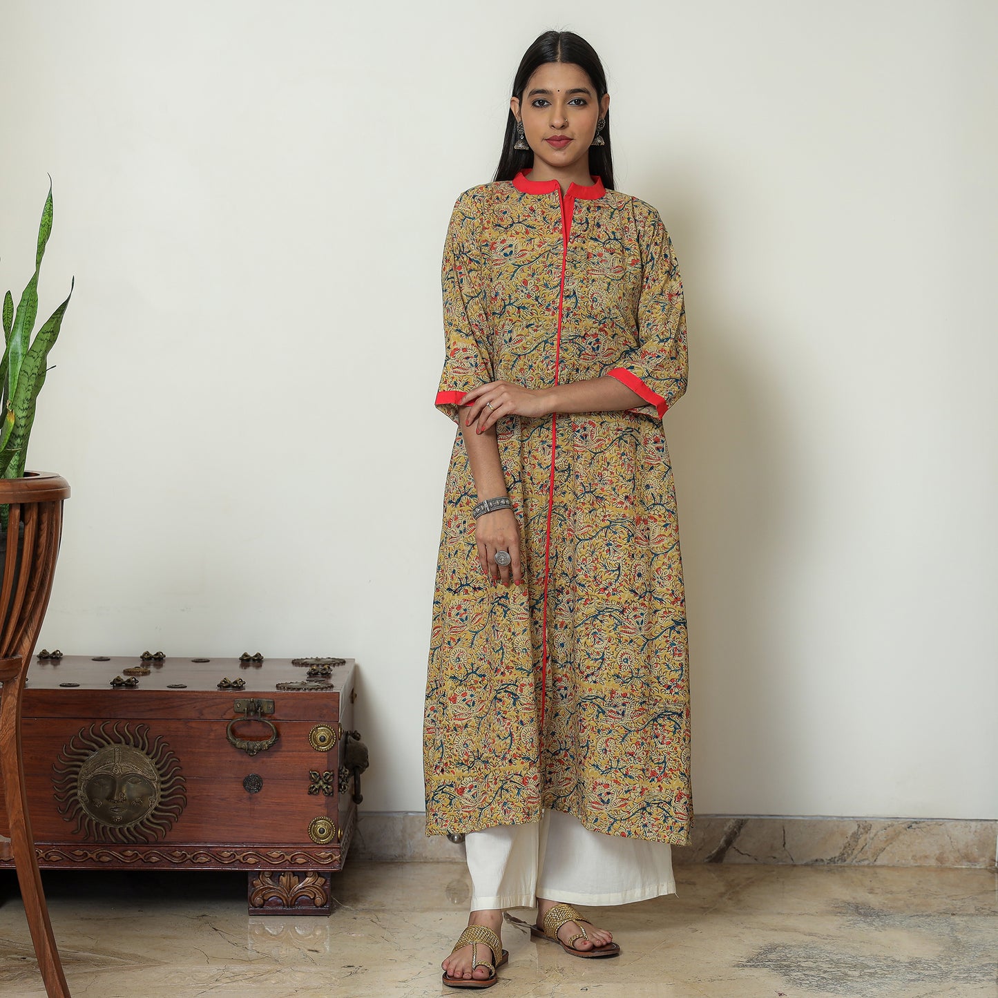 Kalamkari Hand Block Printed Cotton A-Line Kurta For Women