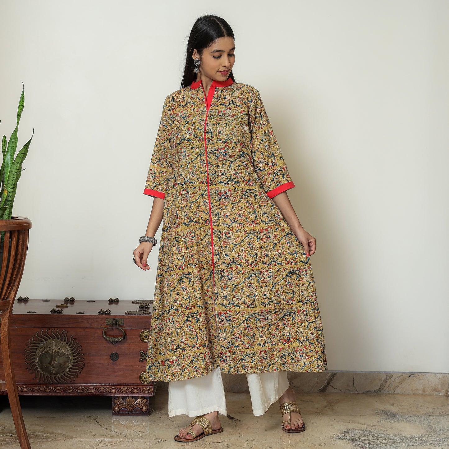 Kalamkari Hand Block Printed Cotton A-Line Kurta For Women