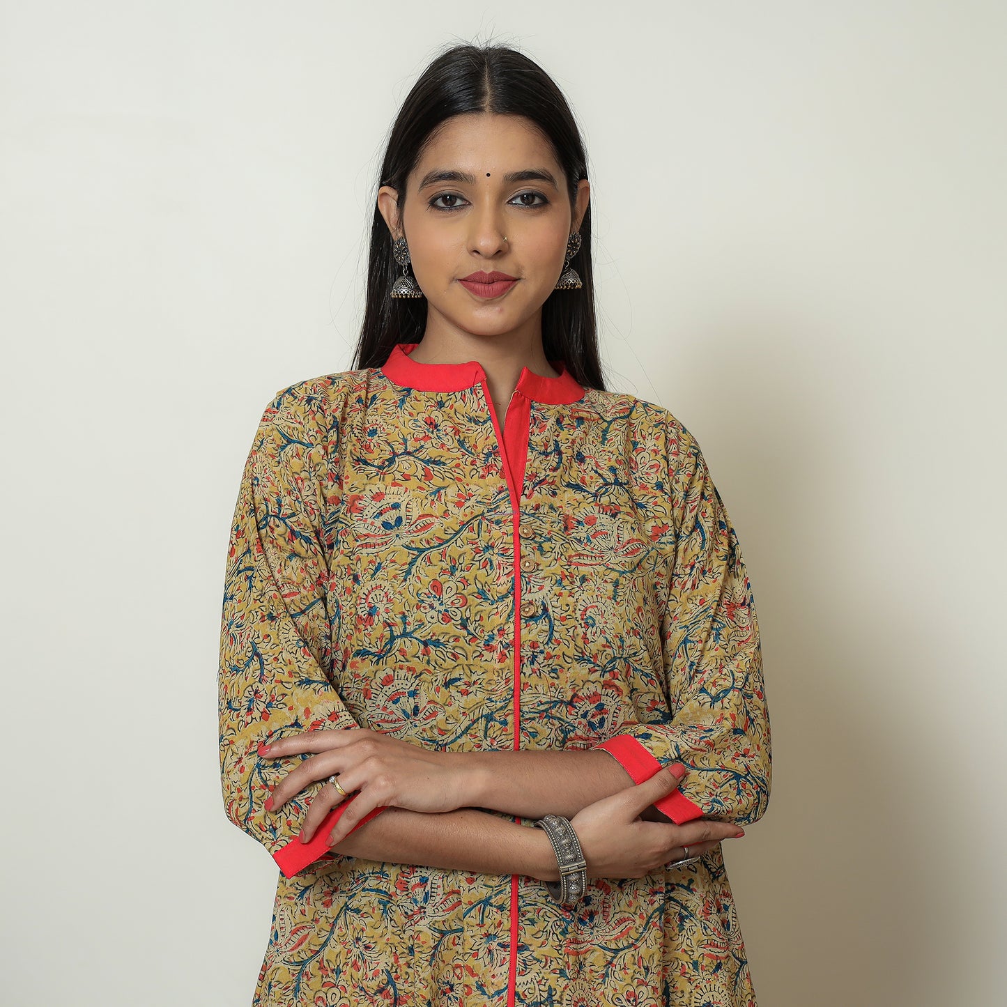 Kalamkari Hand Block Printed Cotton A-Line Kurta For Women