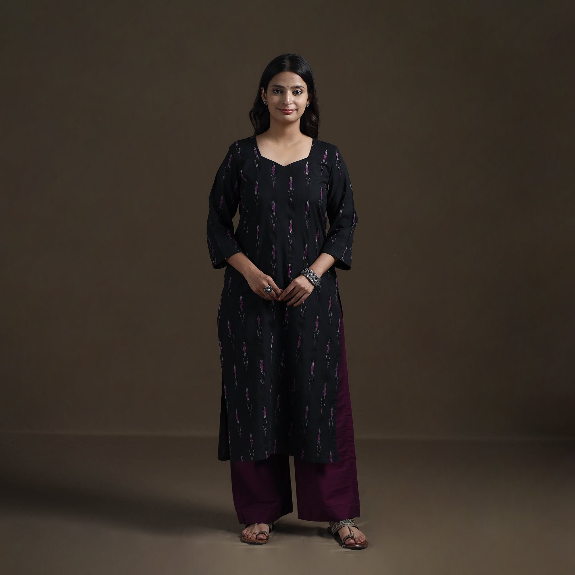 Black - Pochampally Ikat Cotton Straight Long Kurta for Women 17