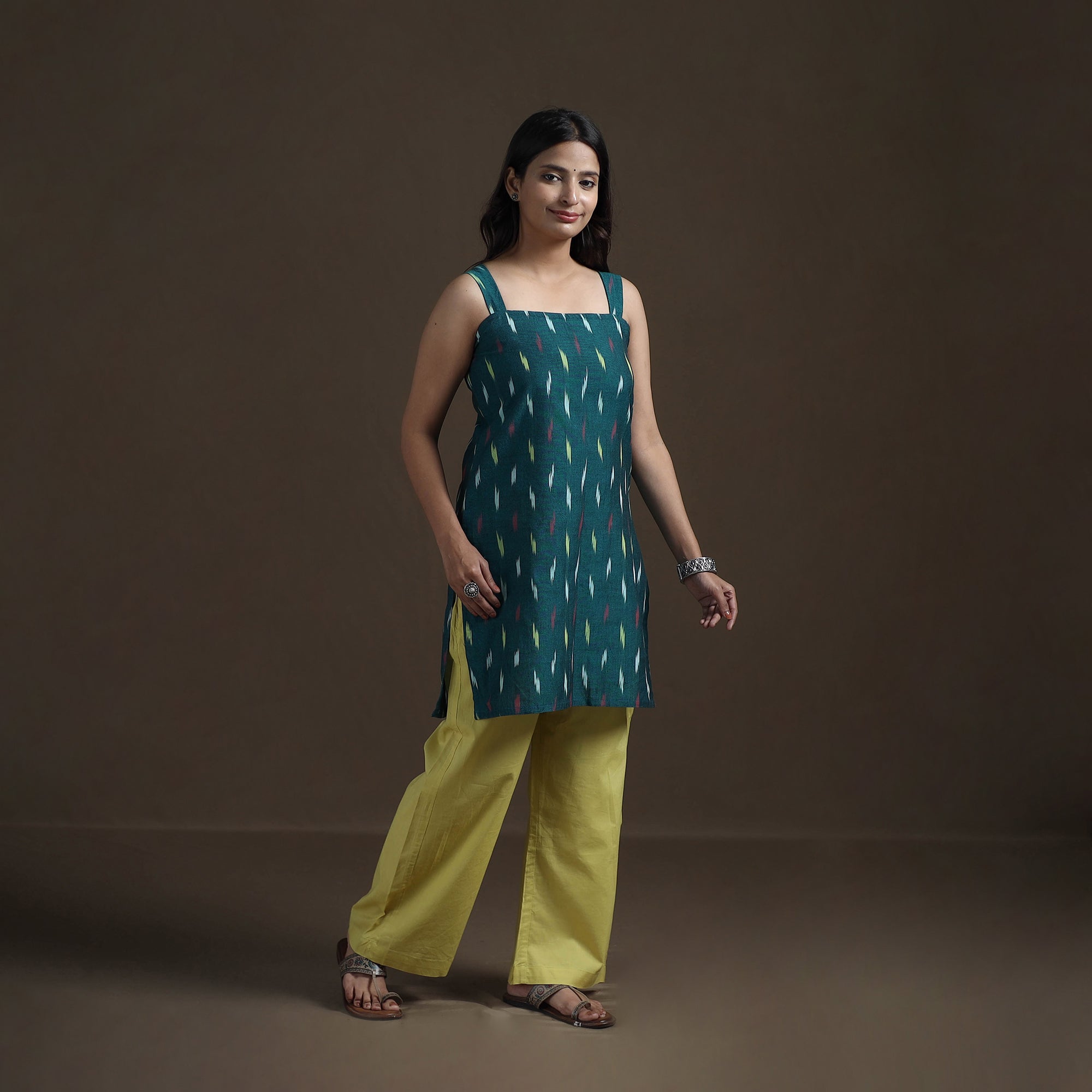 Green - Pochampally Ikat Cotton Sleeveless Short Kurta for Women 30