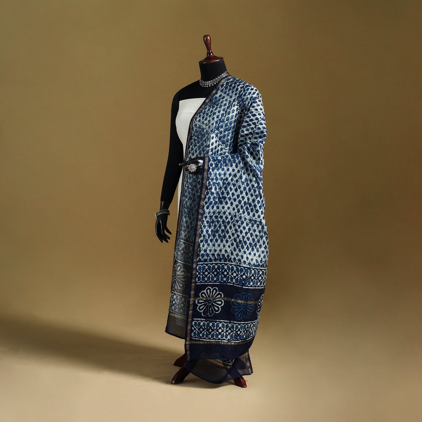 Blue - Pipad Hand Block Print Natural Dyed Chanderi Silk Handloom Dupatta 49