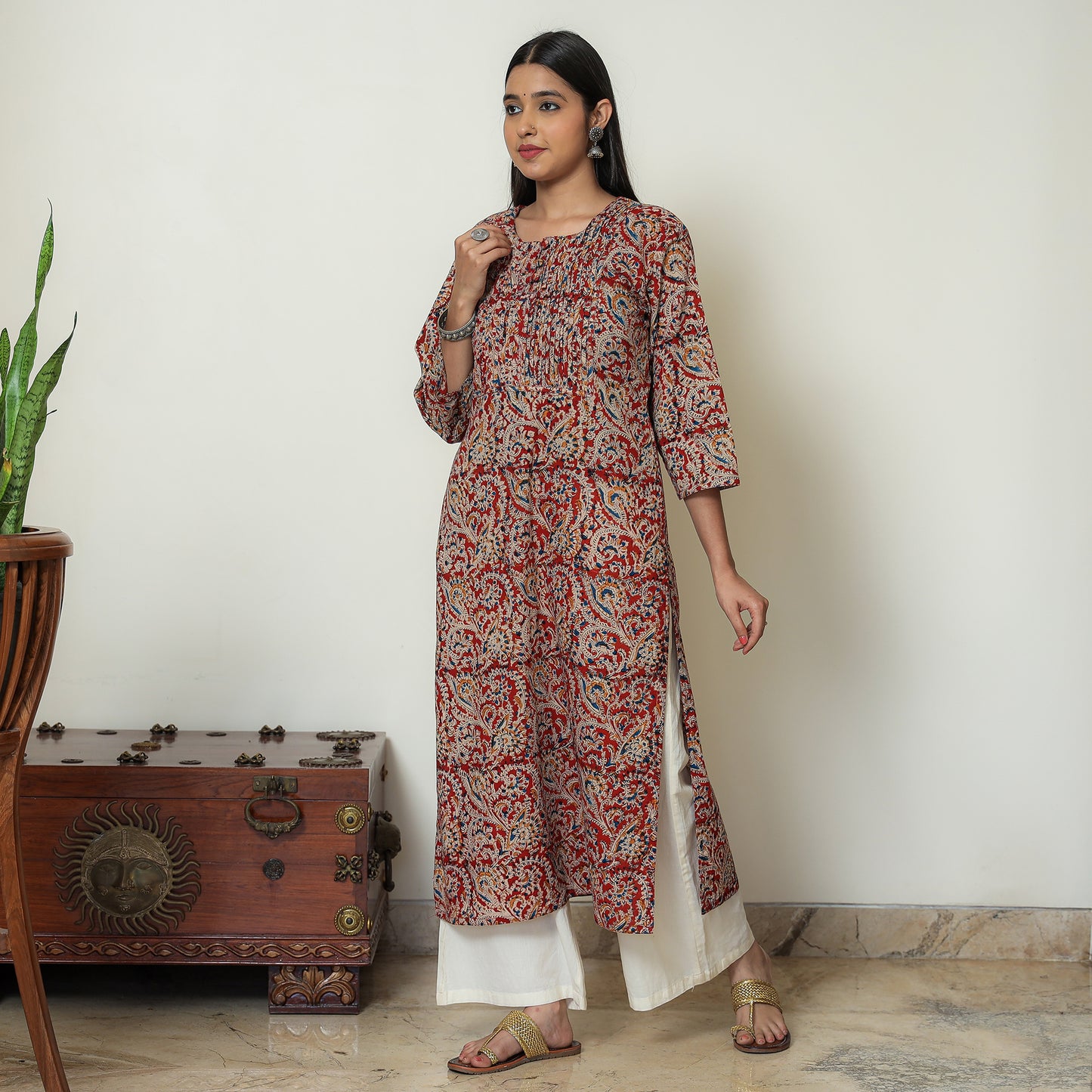 Red Block Print Cotton Pintuck Straight Kalamkari Kurta