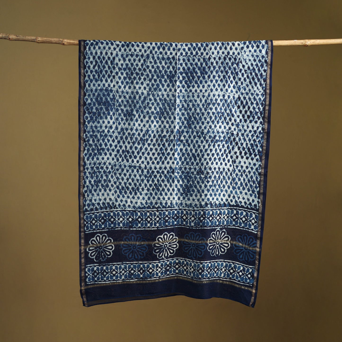 Blue - Pipad Hand Block Print Natural Dyed Chanderi Silk Handloom Dupatta 49