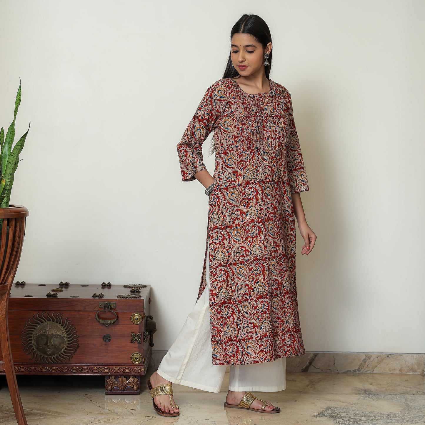Red Block Print Cotton Pintuck Straight Kalamkari Kurta