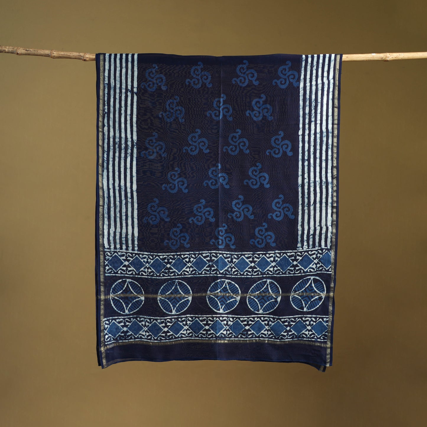 Blue - Pipad Hand Block Print Natural Dyed Chanderi Silk Handloom Dupatta 47