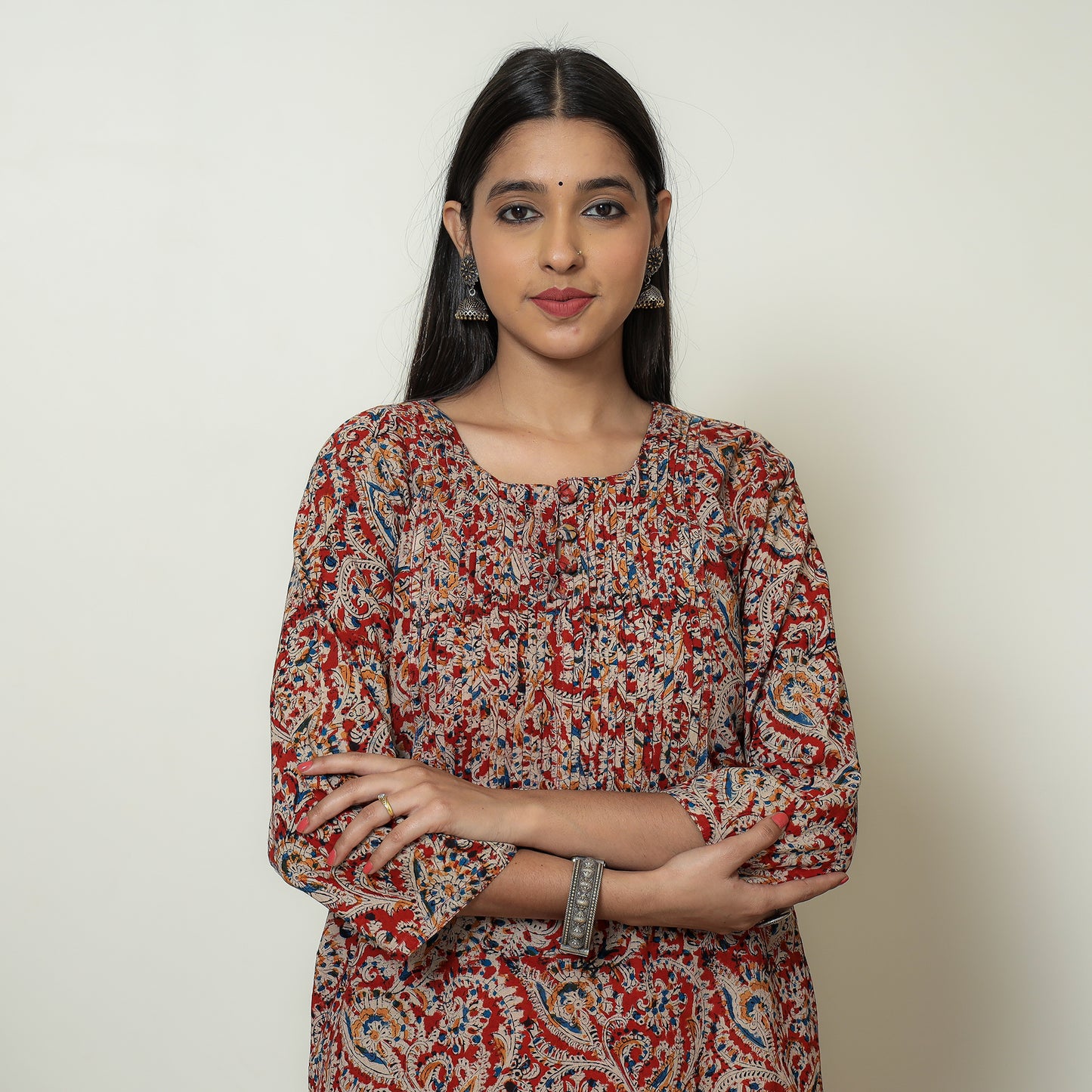Red Block Print Cotton Pintuck Straight Kalamkari Kurta