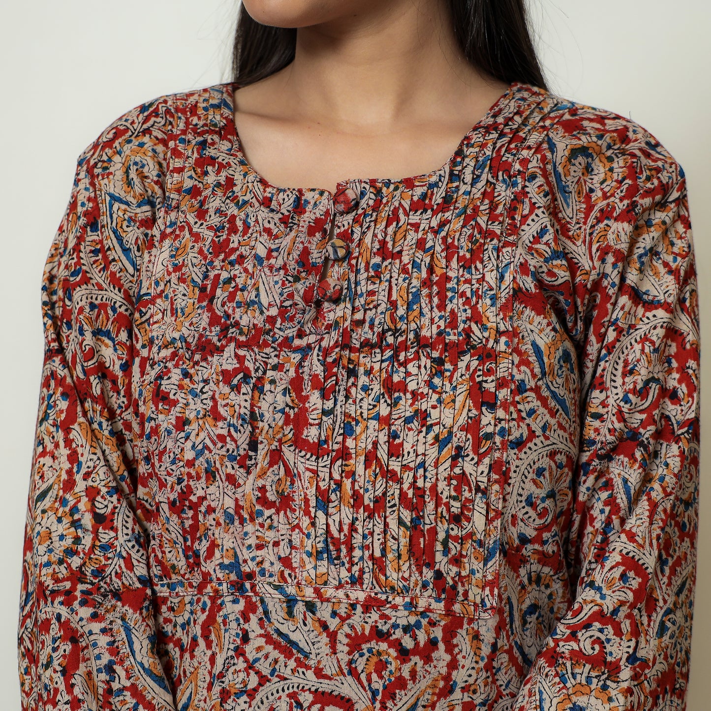 Red Block Print Cotton Pintuck Straight Kalamkari Kurta