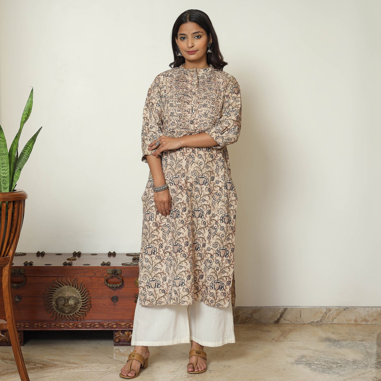 Pedana Kalamkari Block Print Cotton Pintuck Straight Kurta For Women