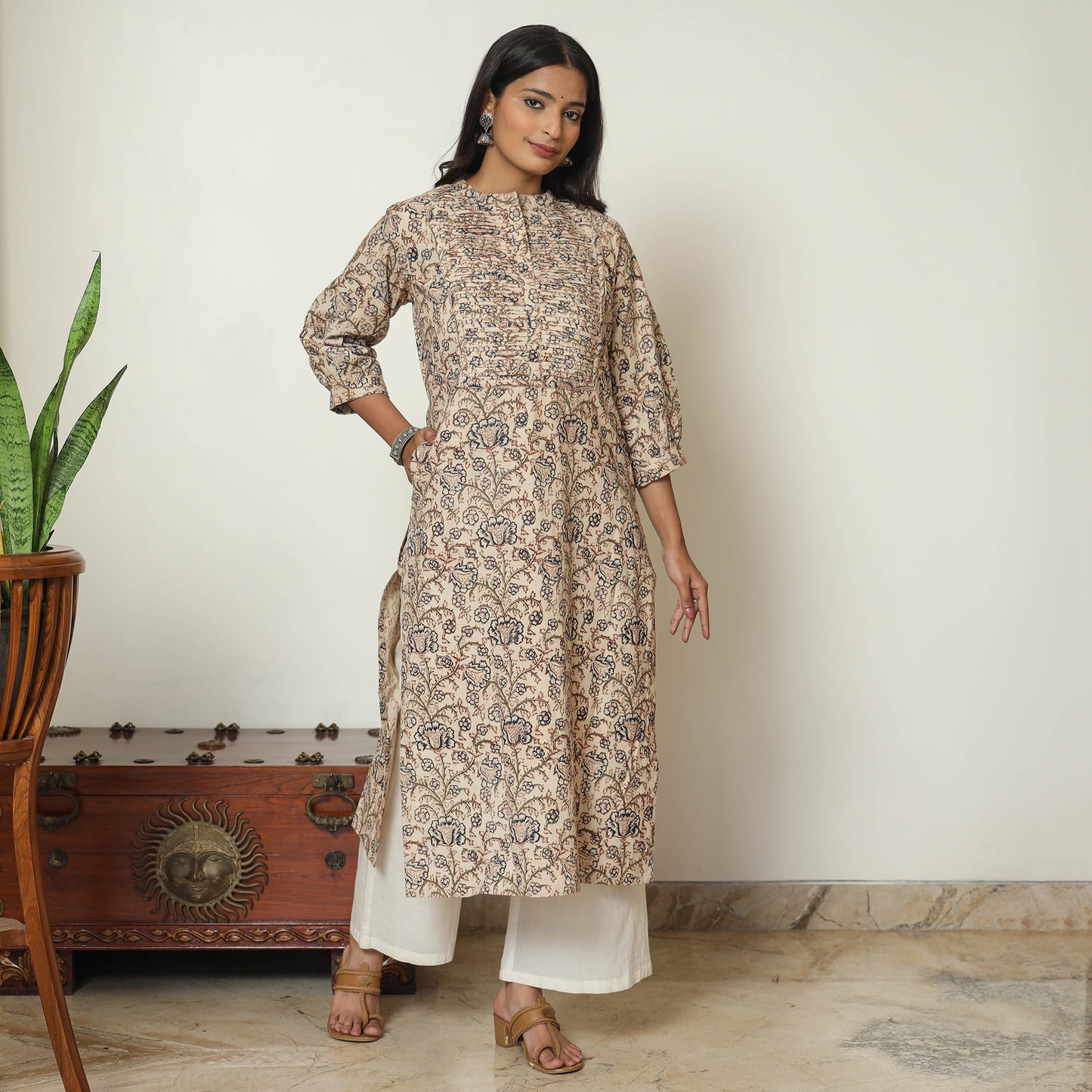 Pedana Kalamkari Block Print Cotton Pintuck Straight Kurta For Women