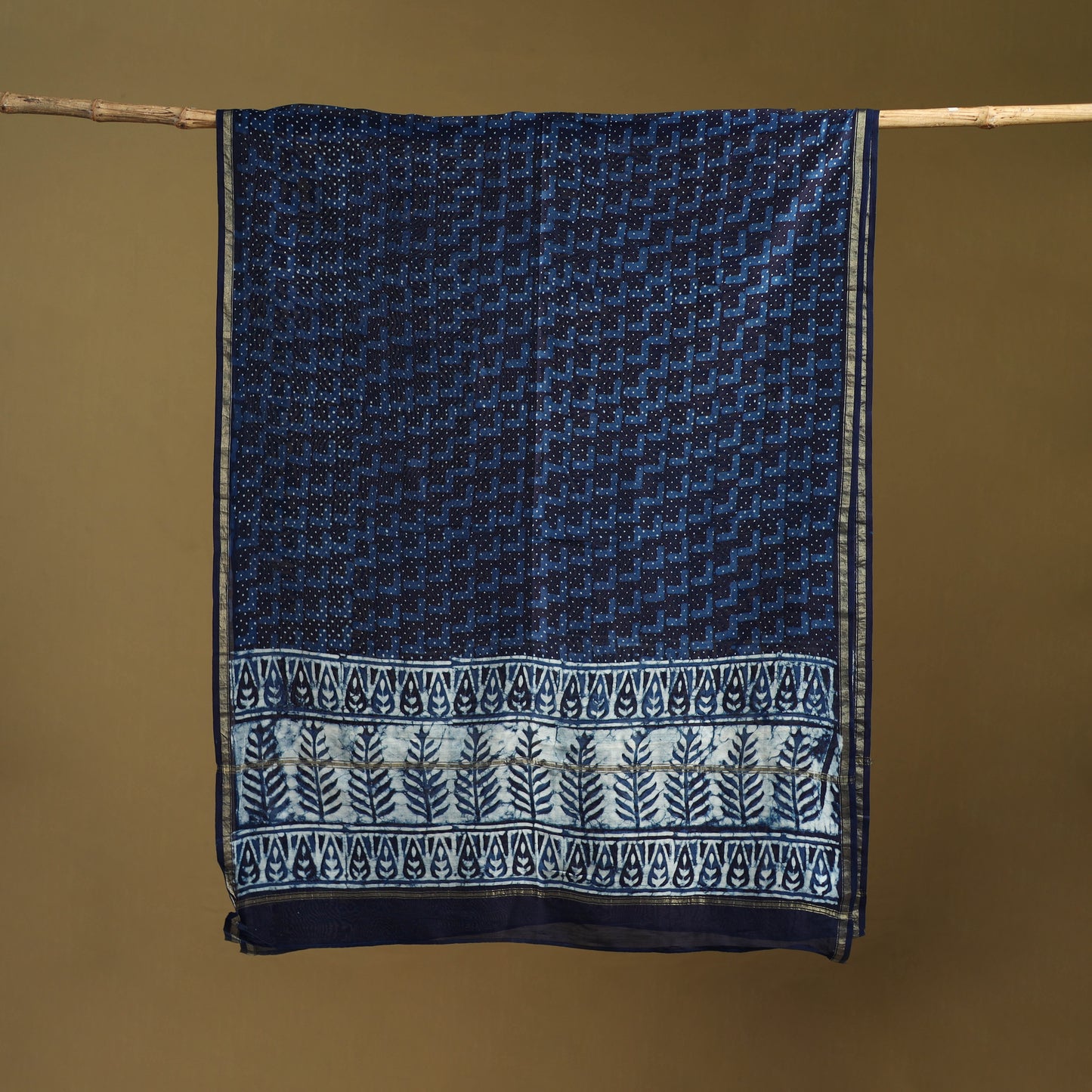 Blue - Pipad Hand Block Print Natural Dyed Chanderi Silk Handloom Dupatta 45