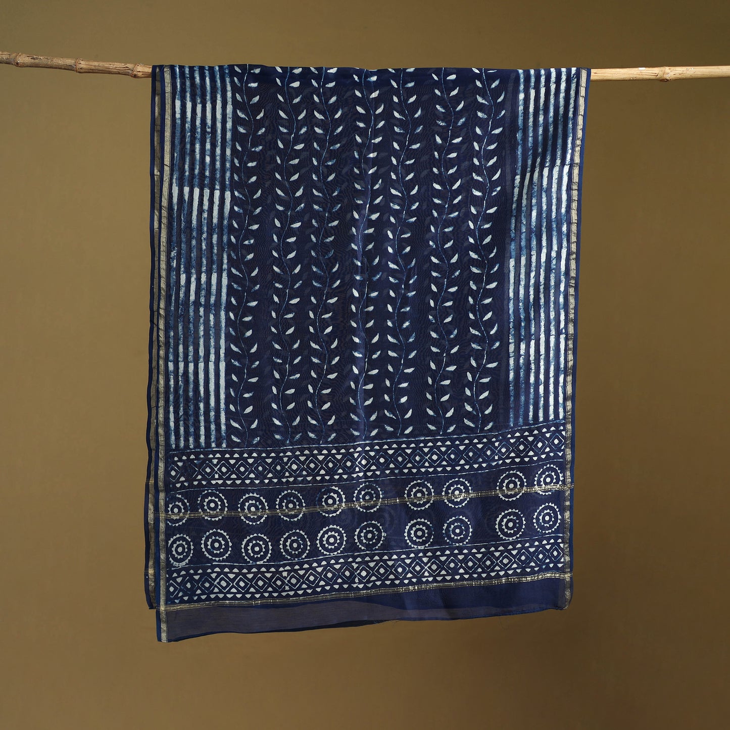 Blue - Pipad Hand Block Print Natural Dyed Chanderi Silk Handloom Dupatta 44
