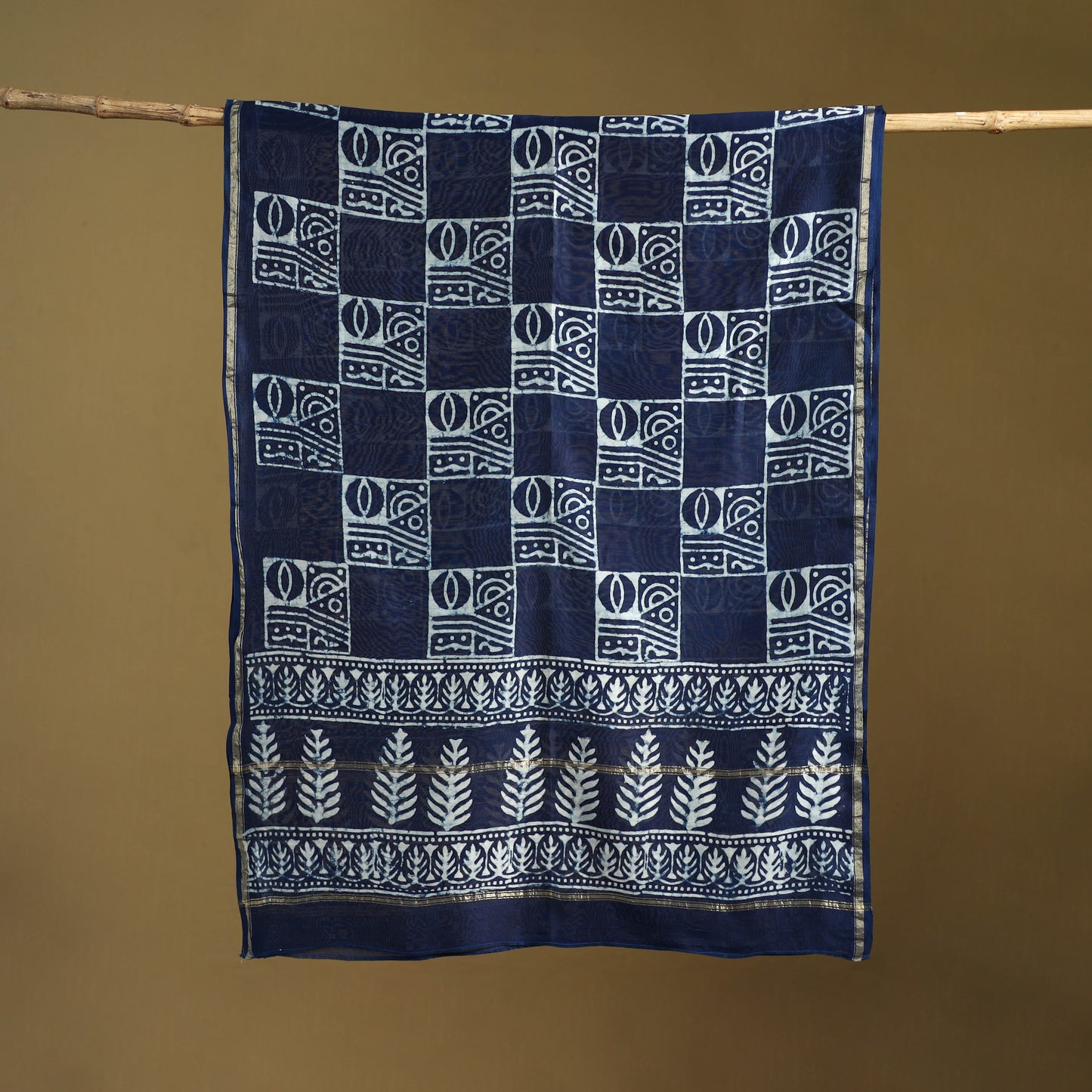 Blue - Pipad Hand Block Print Natural Dyed Chanderi Silk Handloom Dupatta 42