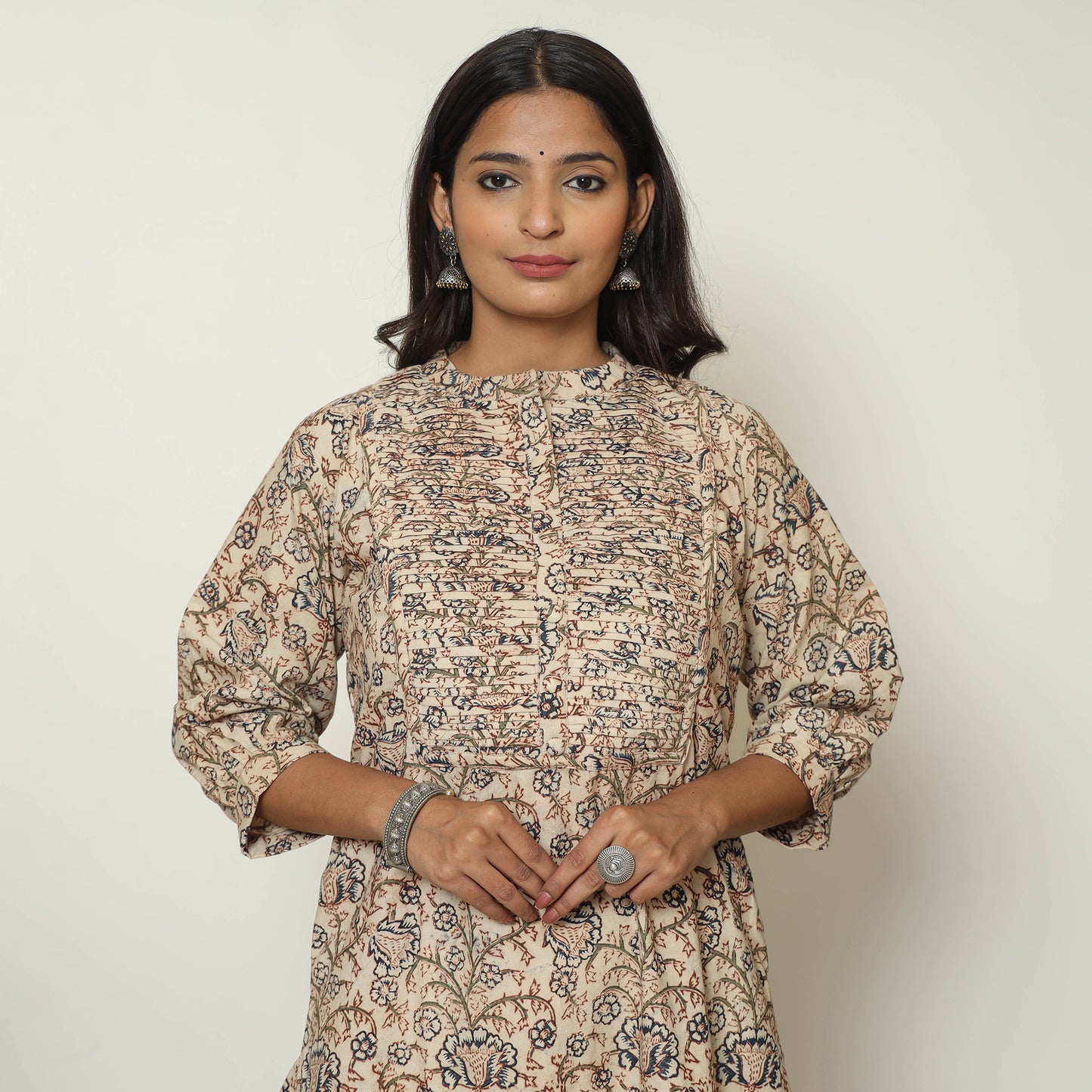 Pedana Kalamkari Block Print Cotton Pintuck Straight Kurta For Women