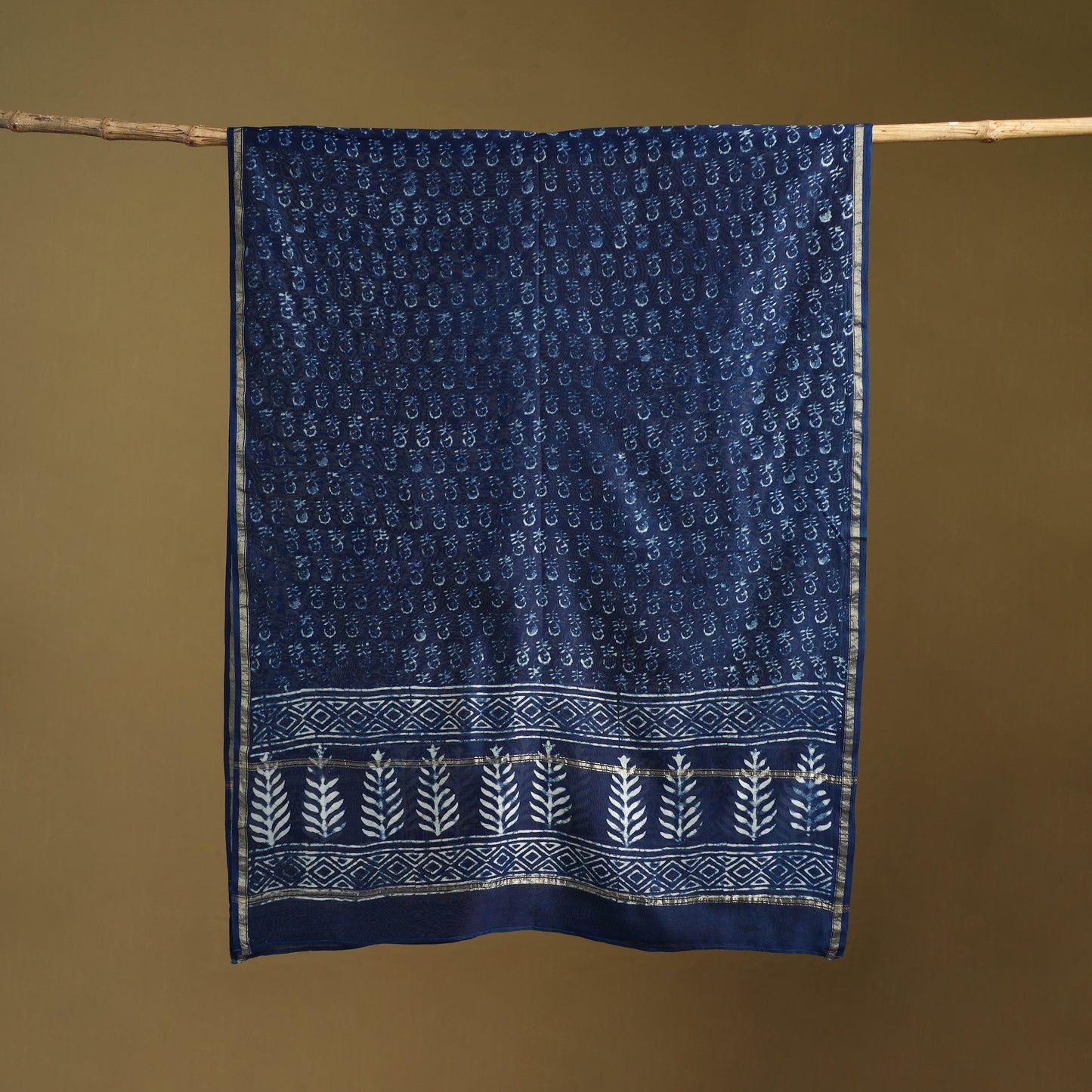Blue - Pipad Hand Block Print Natural Dyed Chanderi Silk Handloom Dupatta 41