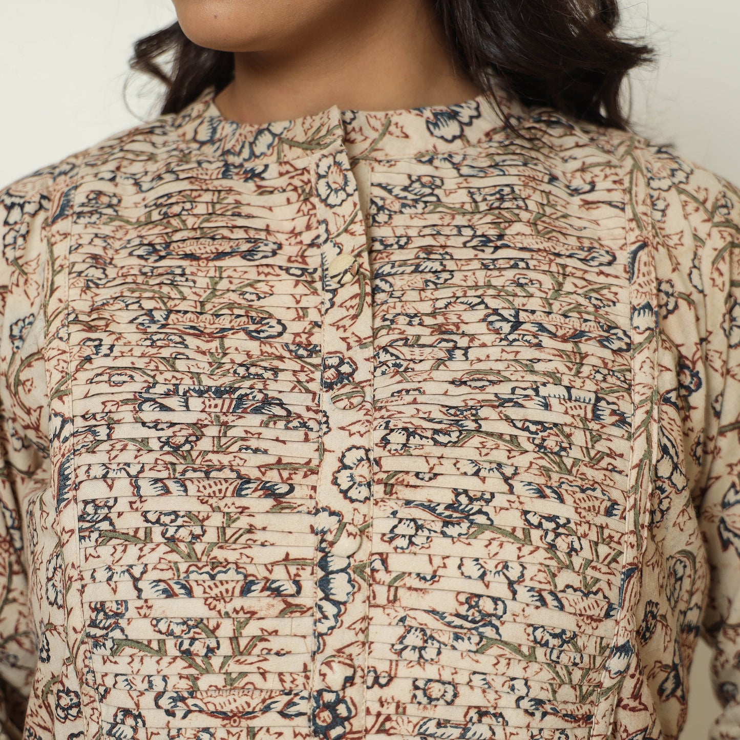 Pedana Kalamkari Block Print Cotton Pintuck Straight Kurta For Women