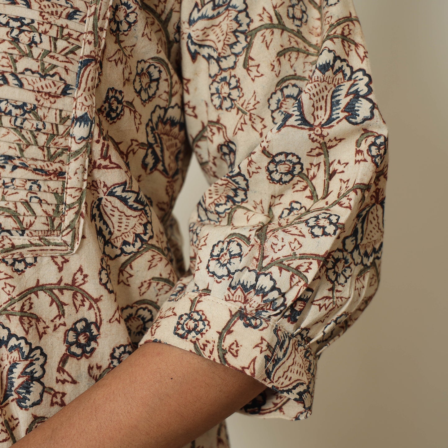 Pedana Kalamkari Block Print Cotton Pintuck Straight Kurta For Women