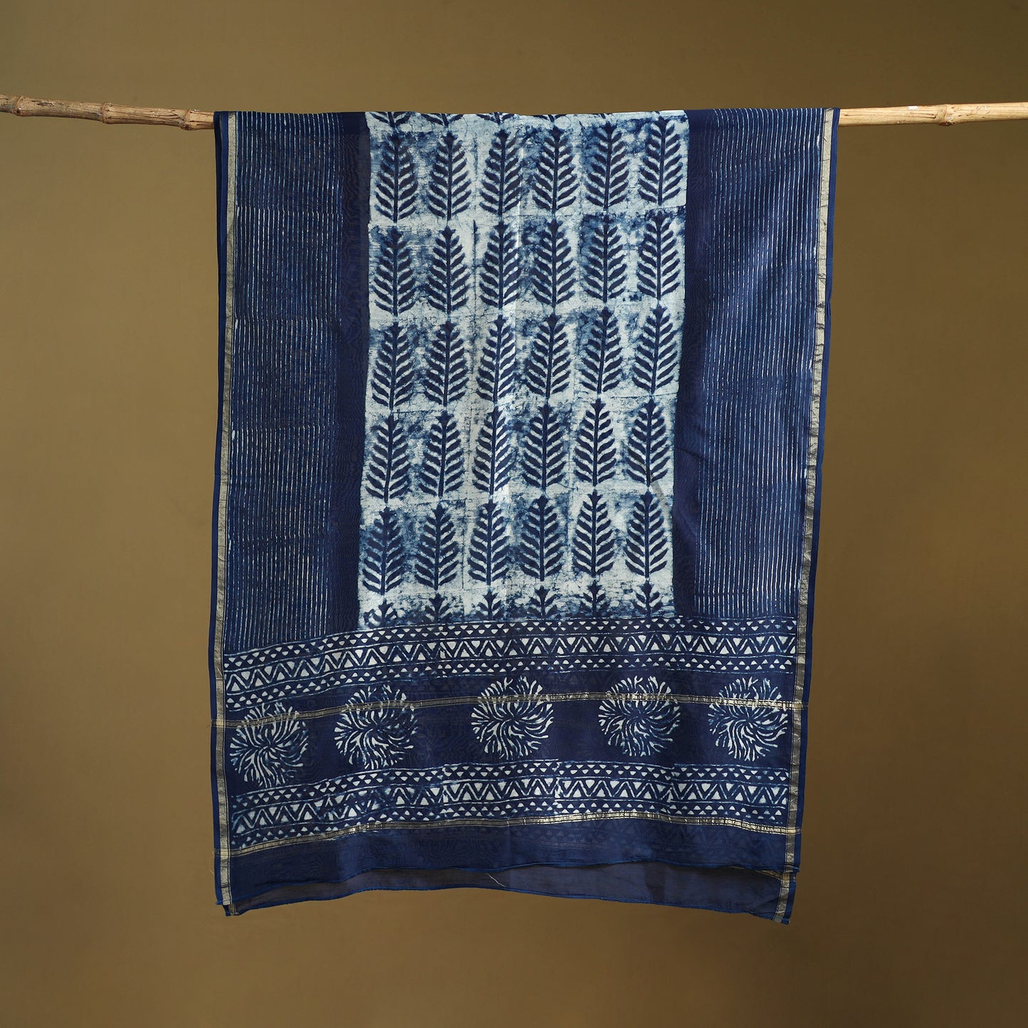 Blue - Pipad Hand Block Print Natural Dyed Chanderi Silk Handloom Dupatta 39