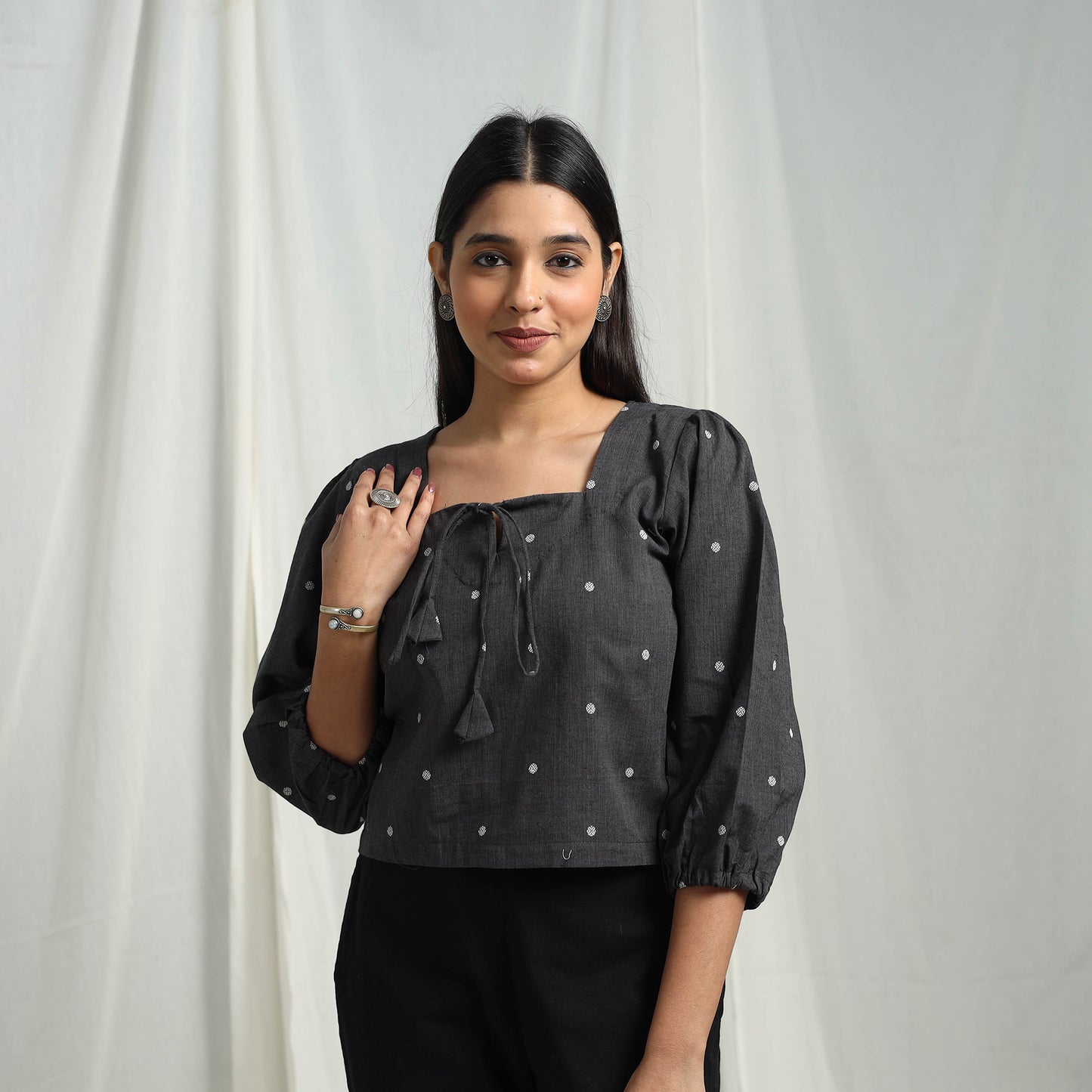 Buy Black Cotton Jacquard Crop Top