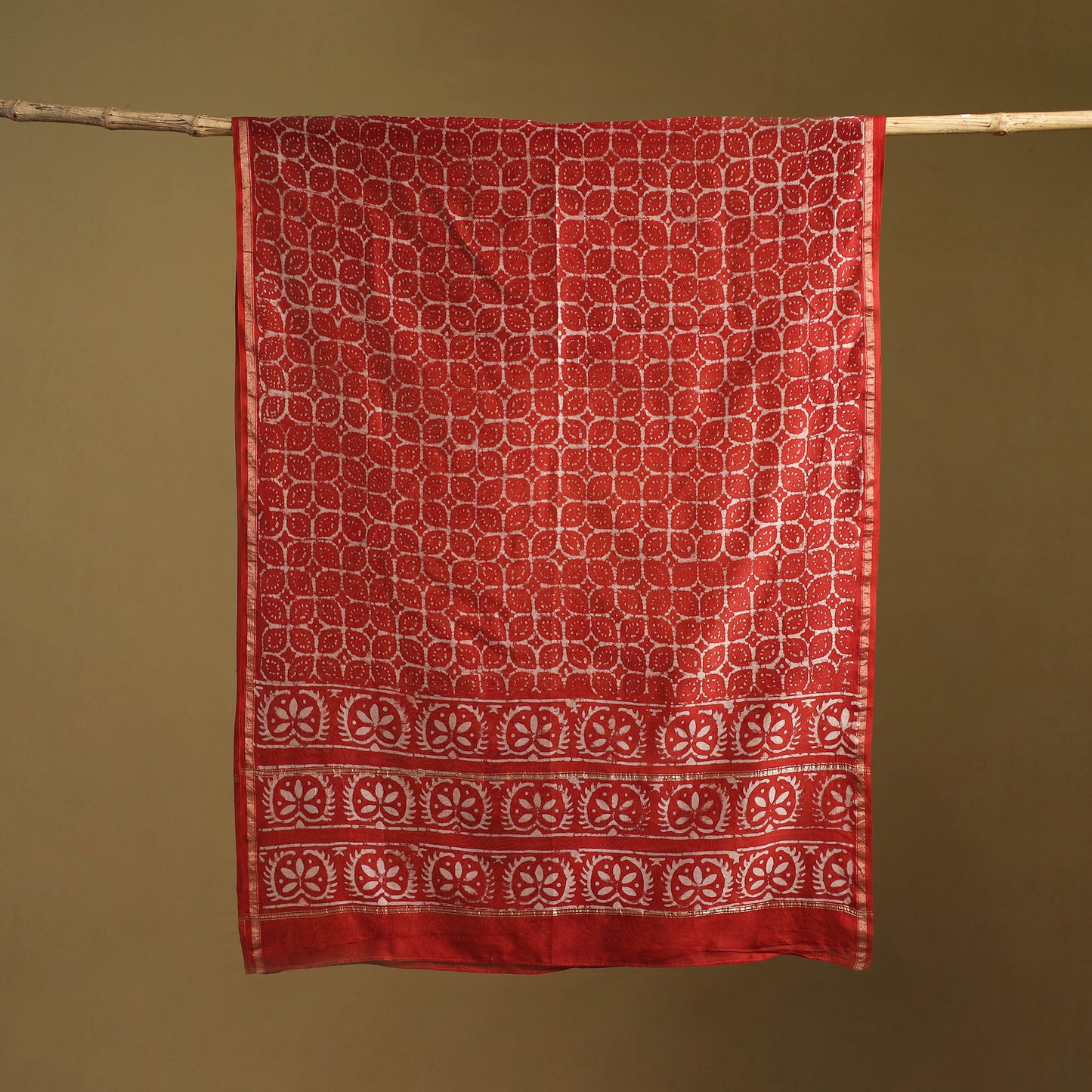 Red - Pipad Hand Block Print Natural Dyed Chanderi Silk Handloom Dupatta 37